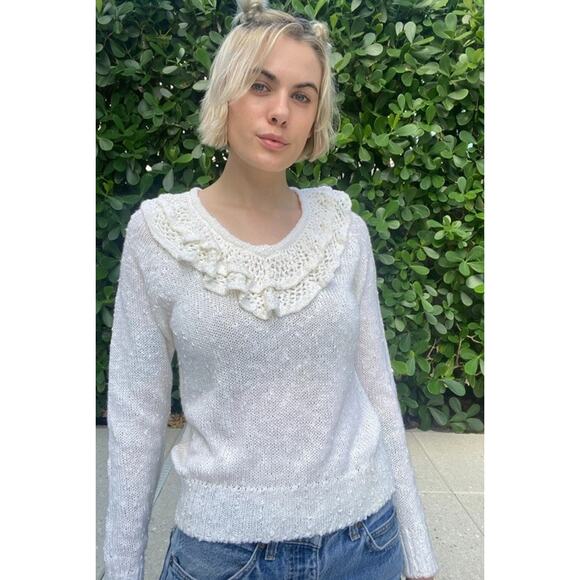 Vtg 80s LeRoy knitwear Ivory Sweater Sz Small Ruffle Crochet Cottagecore Frilly - Picture 13 of 13